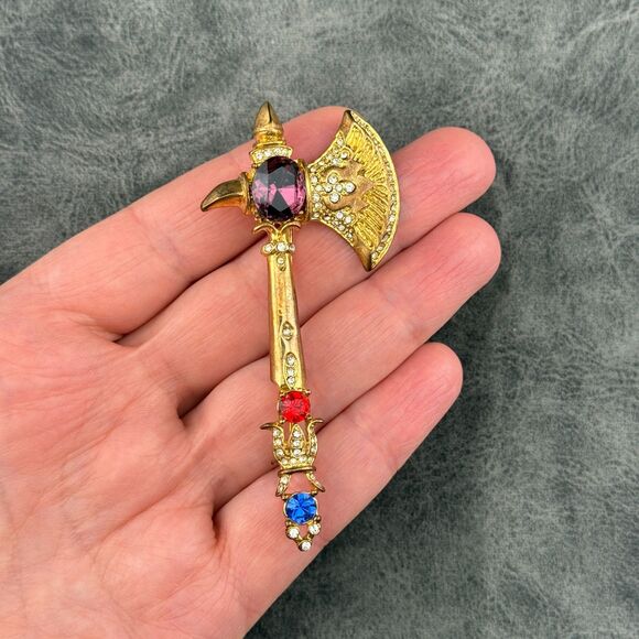 Hatchet Axe Brooch Pendant Vintage Unmarked Gold-tone Metal Rhinestone 3.25" H - Picture 10 of 11
